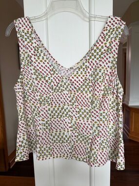 Modcloth L Cherry Flower Print Collar Fringe  Festival Boho Cotton Short Top